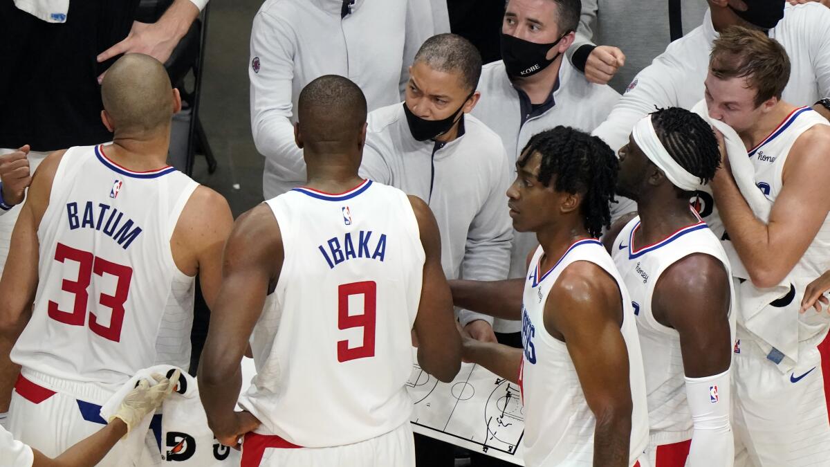 Clippers coach Tyronn Lue talks to his players during a game against the Atlanta Hawks on Jan. 26.