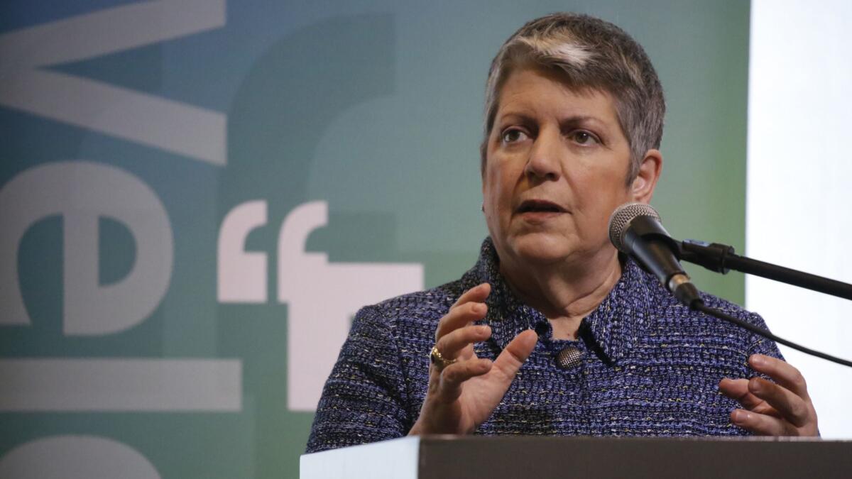 University of California President Janet Napolitano announces an admission guarantee for all eligible state community college students at a Town Hall lunch address in downtown Los Angeles.