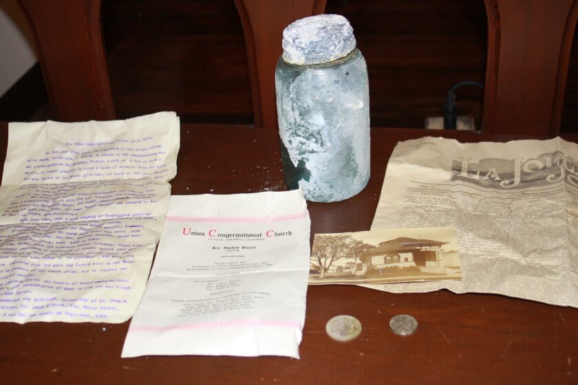 The 100-year-old time capsule contained coins, letters, a church photo and a copy of The La Jolla Journal newspaper from 1916.