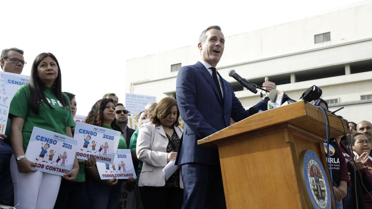 Los Angeles Mayor Eric Garcetti speaks at a news conference and rally in Grand Park to call for a full and accurate count in the 2020 census.