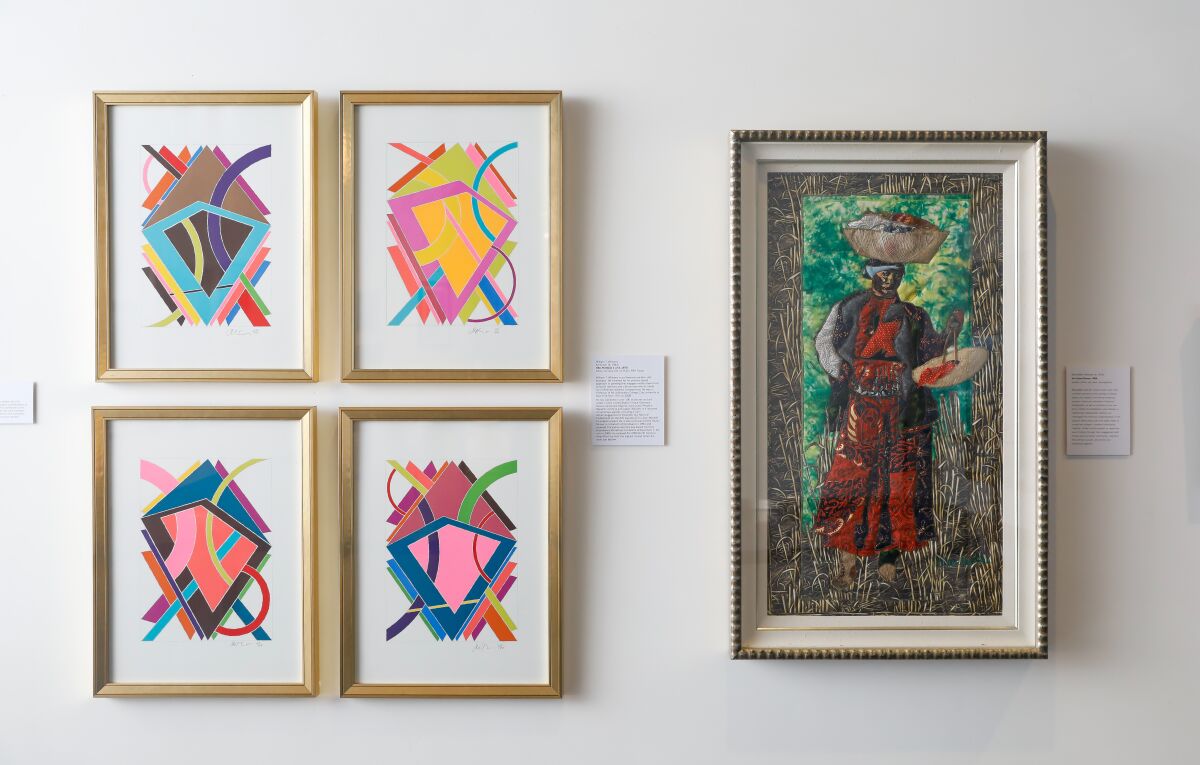 Works by William T. Williams, left, and Bisa Butler, right, are displayed in The Kinsey Collection Exhibition.