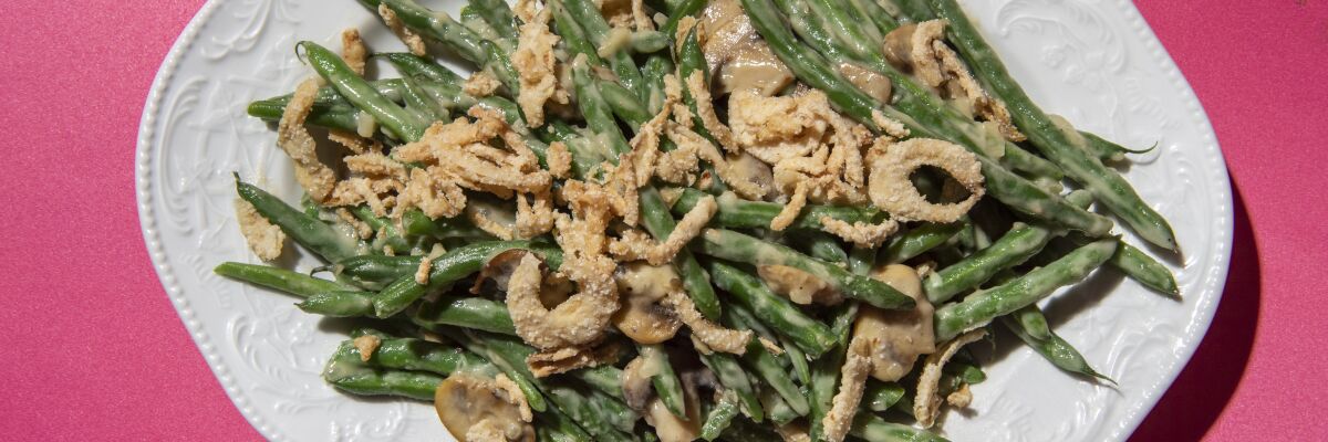 Green bean casserole with creamed mushrooms and fried onions.