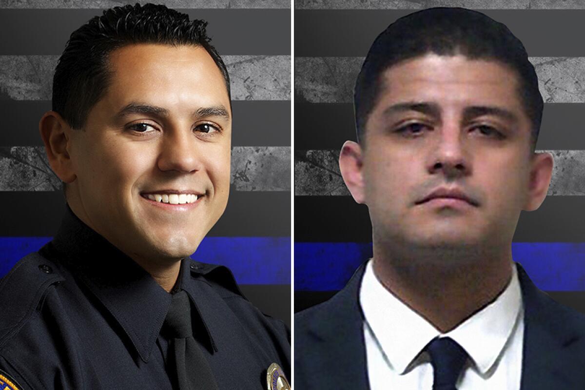 A portrait of a smiling man in dark uniform, left, and another of a solemn-faced man in a suit and tie 