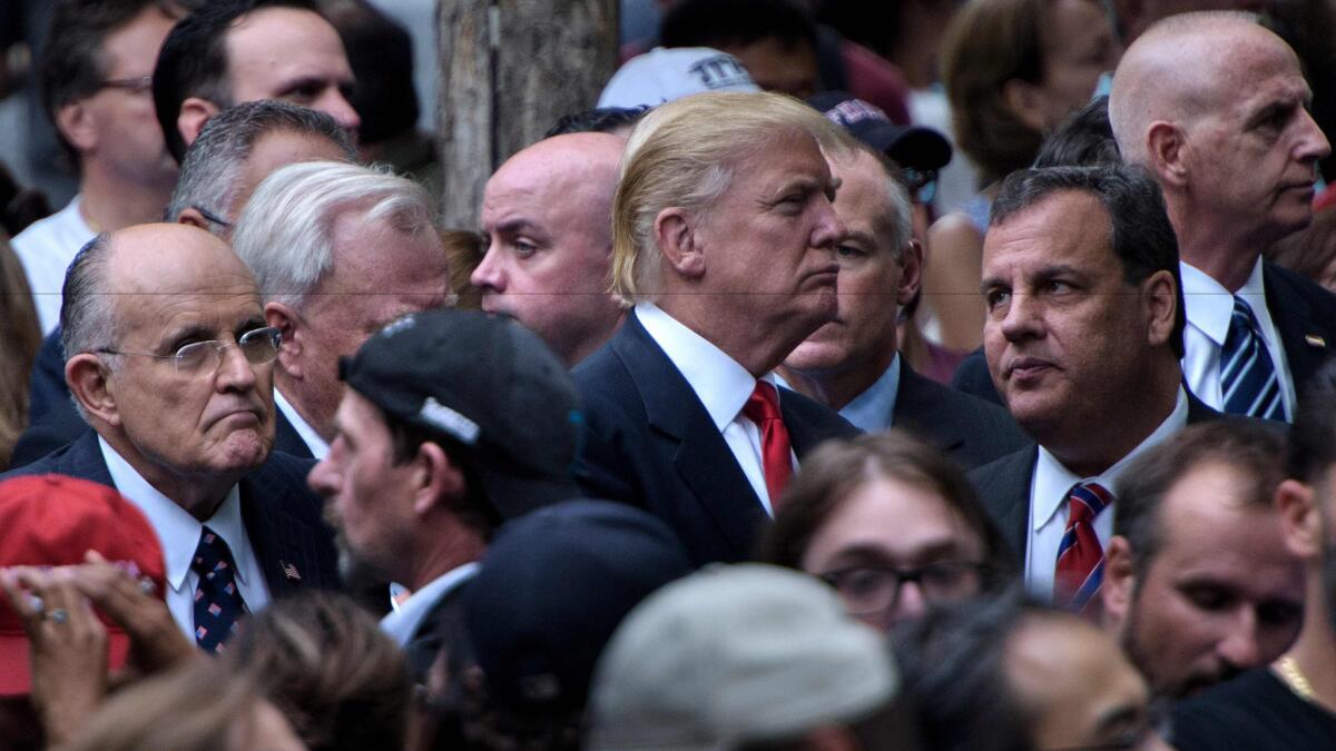 Donald Trump with Rudy Giuliani and Chris Christie at a 9/11 memorial service in New York City on Sept. 11.