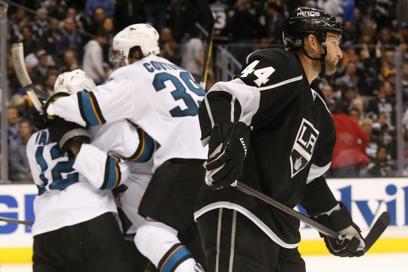 Defenseman Robyn Regehr, right, hasn't been on the ice for the Kings since Game 1 of the L.A.'s second round series against the Ducks.