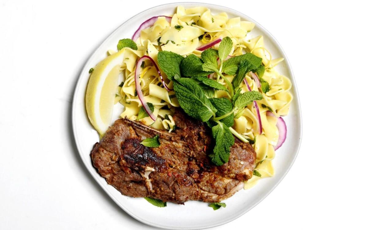 Anchovy-Marinated Lamb Shoulder Chops With Minty Noodles