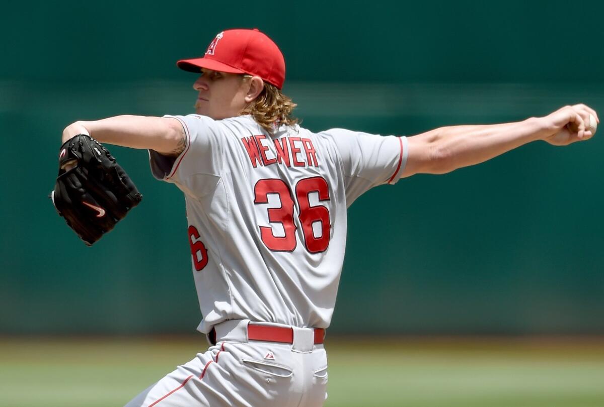 Jered Weaver allowed four runs and six hits in 5 2/3 innings, striking out four and walking one during a 4-1 loss to Oakland on June 20.