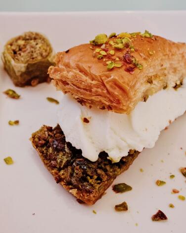 A slice of baklava filled with vanilla Turkish ice cream at Galata in Long Beach