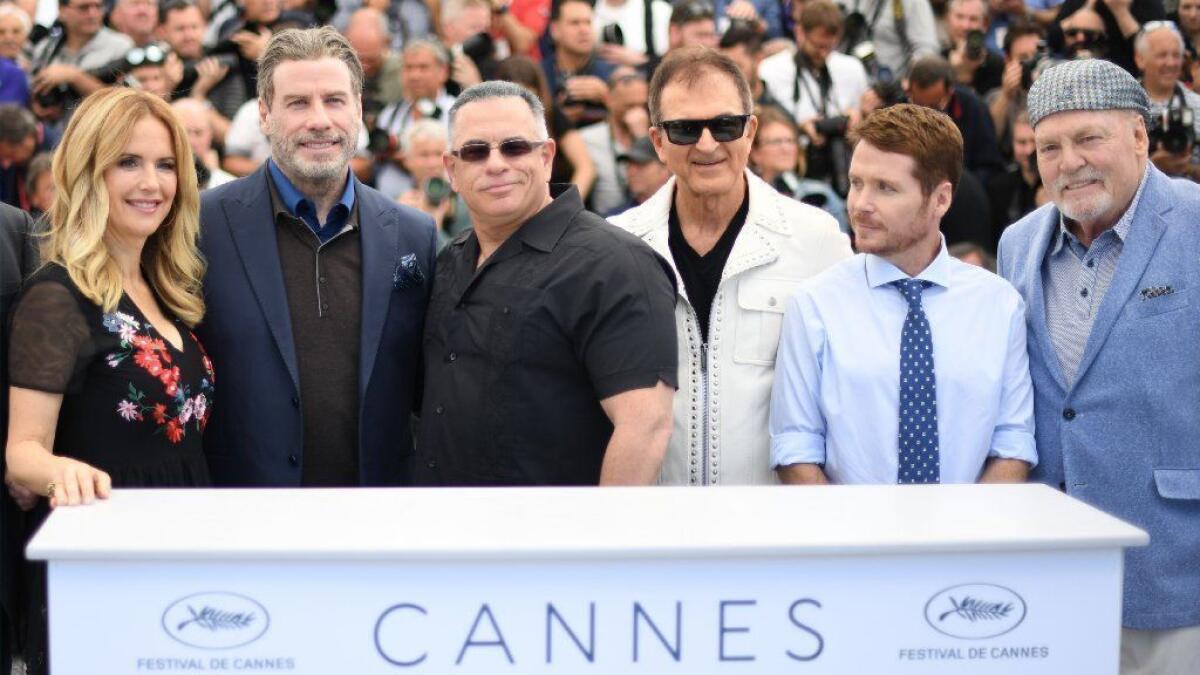 Kelly Preston, from left, John Travolta, John Gotti Jr., Edward Walson, Kevin Connolly and Stacy Keach at the 71st Cannes Film Festival for "Gotti."