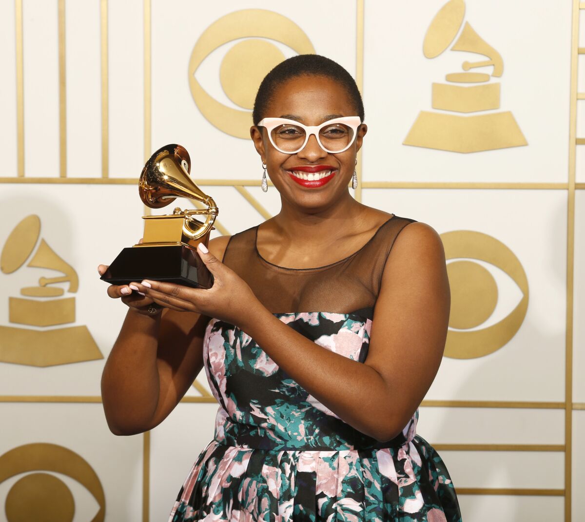Jazz vocal album winner Cécile McLorin Salvant backstage at Staples Center at the Grammys.