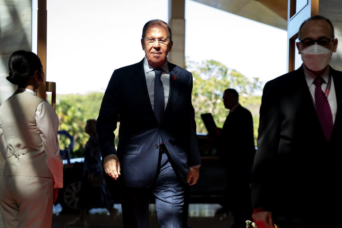 Russian's Foreign Minister Sergei Lavrov arrives at the G20 Foreign Ministers' Meeting in Nusa Dua on the Indonesian resort island of Bali Friday, July 8, 2022. (Stefani Reynolds/Pool Photo via AP)