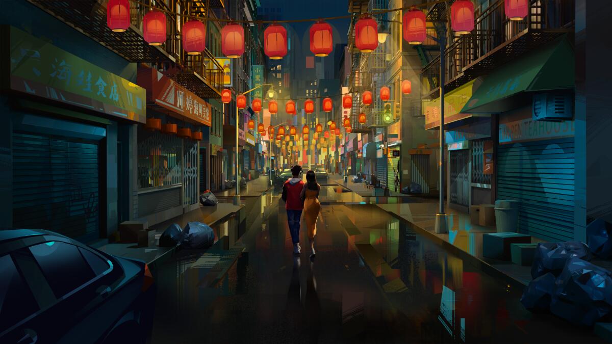 A couple stroll on a lantern-lit New York street in the animated "Entergalactic."