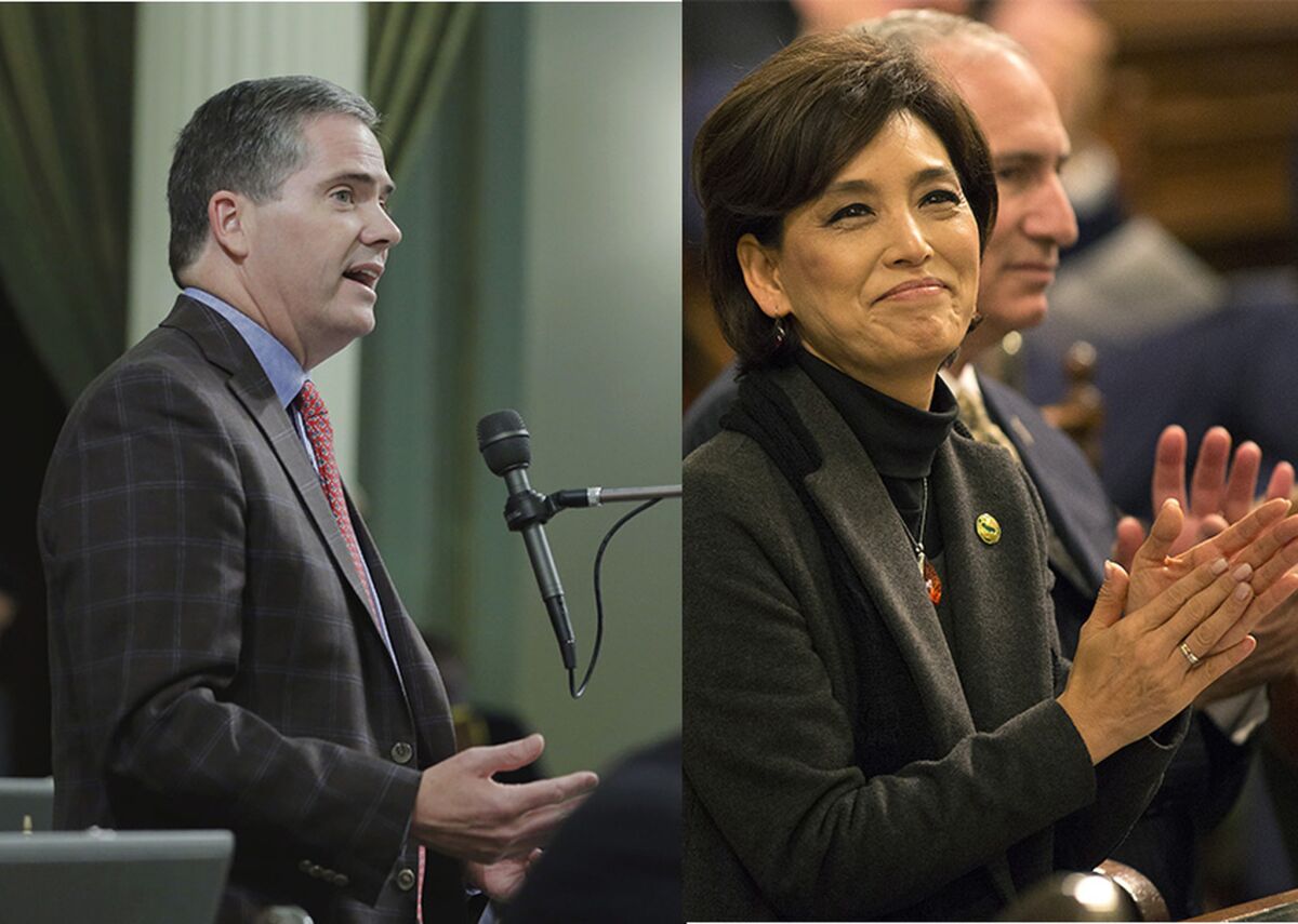 Assemblyman David Hadley (R-Manhattan Beach), left, and Assemblywoman Young Kim (R-Fullerton) are facing difficult races in swing districts with opponents who are trying to tie them to Donald Trump.
