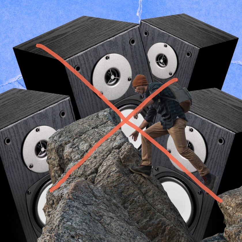 A photo illustration of music speakers and a hiker.
