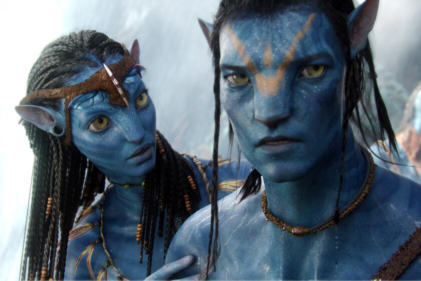 In this film publicity image released by 20th Century Fox, the character Neytiri, voiced by Zoe Saldana, and the character Jake, voiced by Sam Worthington are shown in a scene from, "Avatar." (AP Photo/20th Century Fox) ORG XMIT: NYET249