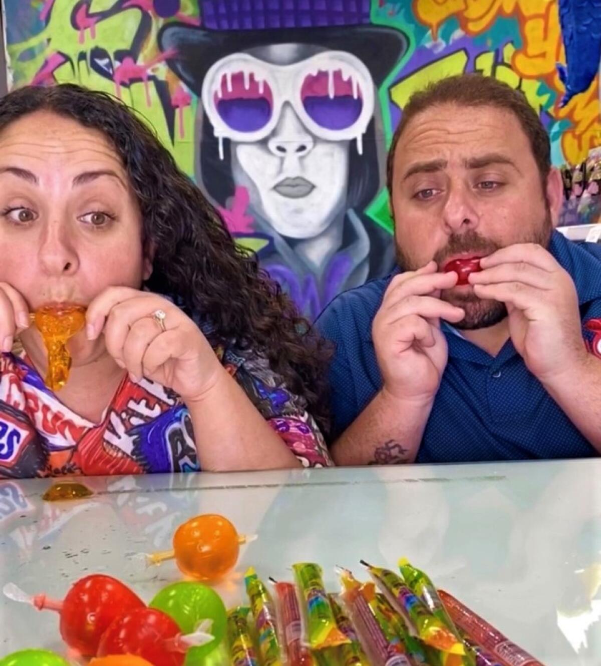 Nema Causey during a jelly fruit challenge with her brother, Jonny Hallak.