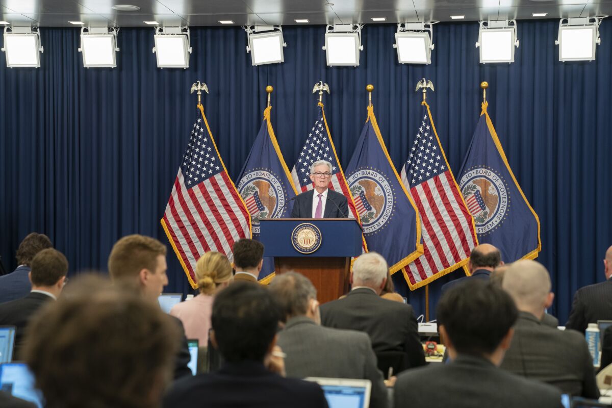 File - Federal Reserve chair Jerome Powell speaks during a news conference, Wednesday, Feb. 1, 2023, at the Federal Reserve Board in Washington. With inflation still high and anxieties gripping the banking industry, the Federal Reserve and its chair, Jerome Powell, will face a complicated task at their latest policy meeting Wednesday and in the months to follow: How to tame inflation by continuing to raise interest rates while also helping to restore faith in the financial system – all without triggering a severe recession. (AP Photo/Jacquelyn Martin, File)