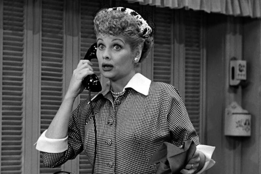 American actress and comedienne Lucille Ball (1911 - 1989) (left), as Lucy Ricardo, talks on the telephone in a scene from an episode of the television comedy 'I Love Lucy' entitled 'Job Switching,' Los Angeles, California, May 30, 1952. The episode was originally broadcast as the opening episode of the show's second season, on September 15, 1952. (Photo by CBS Photo Archive/Getty Images)
