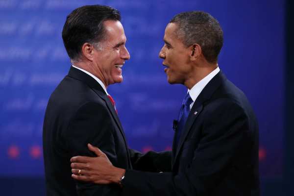 Republican candidate Mitt Romney and President Obama shake hands after their third and final presidential debate.
