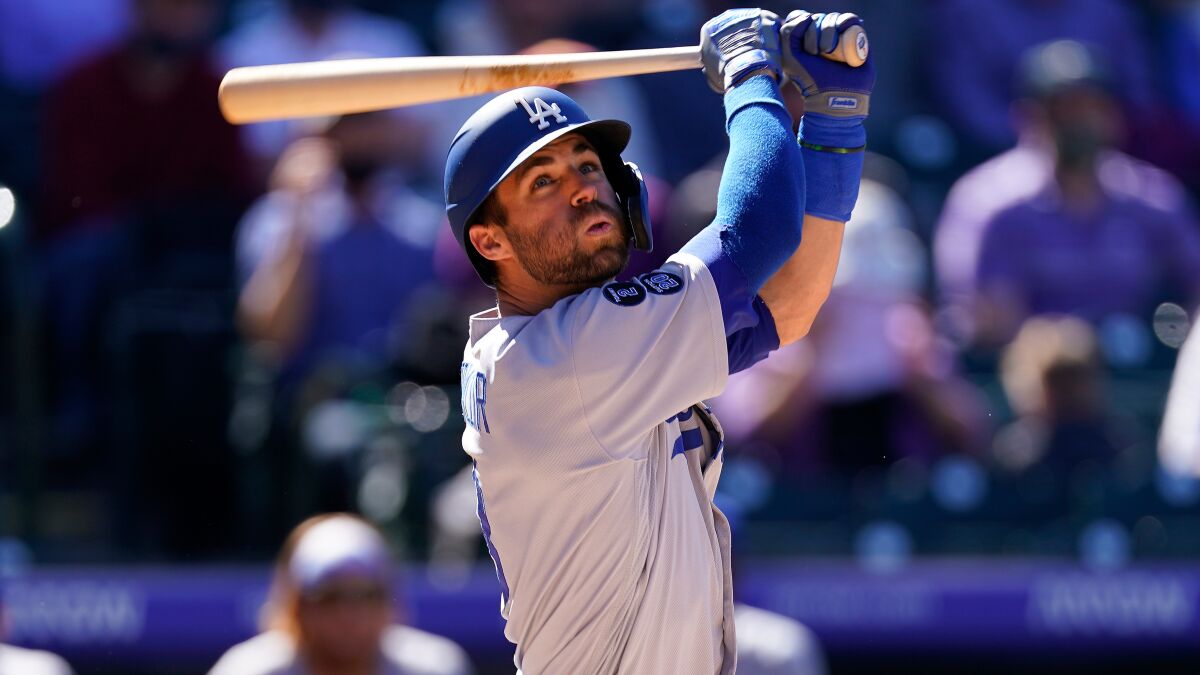 Dodgers left fielder Chris Taylor bats against the Colorado Rockies on April 1.