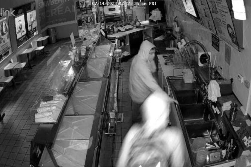 security camera footage of two men burglarizing a Baskin-Robbins store