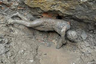 A statue is seen at the site of the discovery of two dozen well-preserved bronze statues from an ancient Tuscan thermal spring in San Casciano dei Bagni, central Italy, in this undated photo made available by the Italian Culture Ministry, Thursday, Nov. 3, 2022. (Italian Culture Ministry via AP)