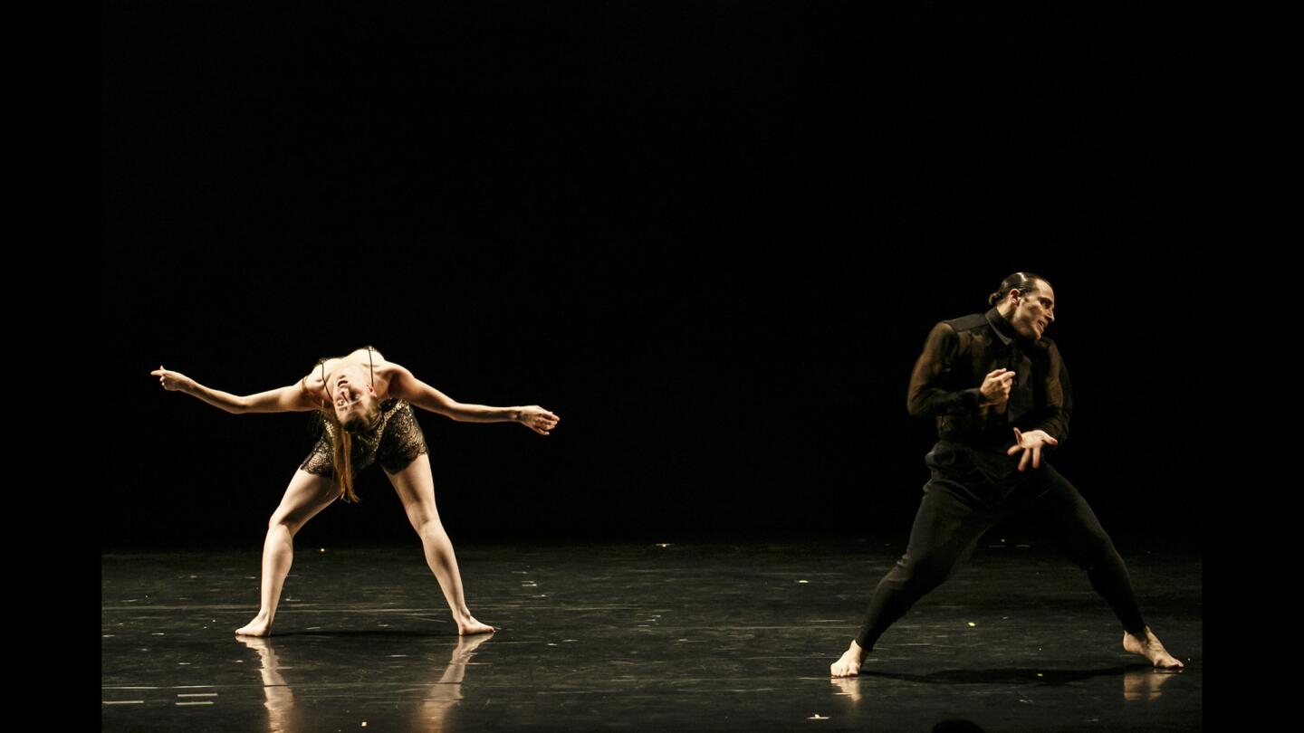 BodyTraffic, an L.A.-based troupe, perform "Chapter One," choreographed by Anton Lachky, at the Broad Stage in Santa Monica. Lindsey Matheis and Joseph Kudra are seen here.