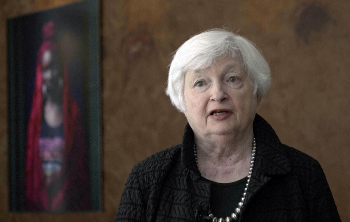 Treasury Secretary Janet L. Yellen pictured from the shoulders up as she speaks