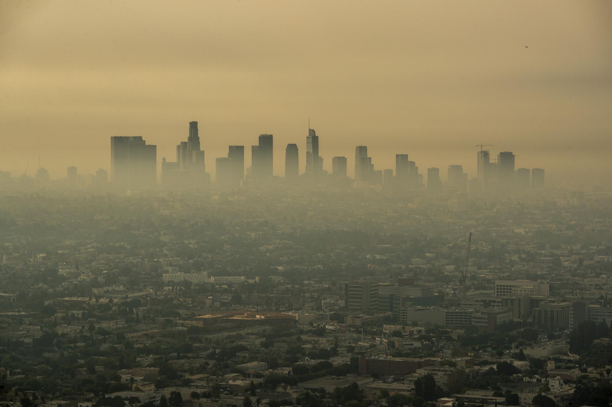 A city skyline is obscured by a thick haze.