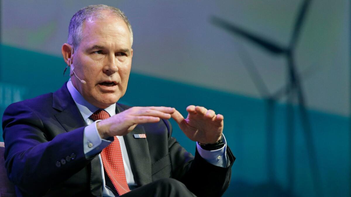 Environmental Protection Agency Administrator Scott Pruitt speaks during a conference in Houston last week. Pruitt told CNBC's "Squawk Box" that he does not believe that carbon dioxide is a primary contributor to global warming, a statement at odds with his own agency.