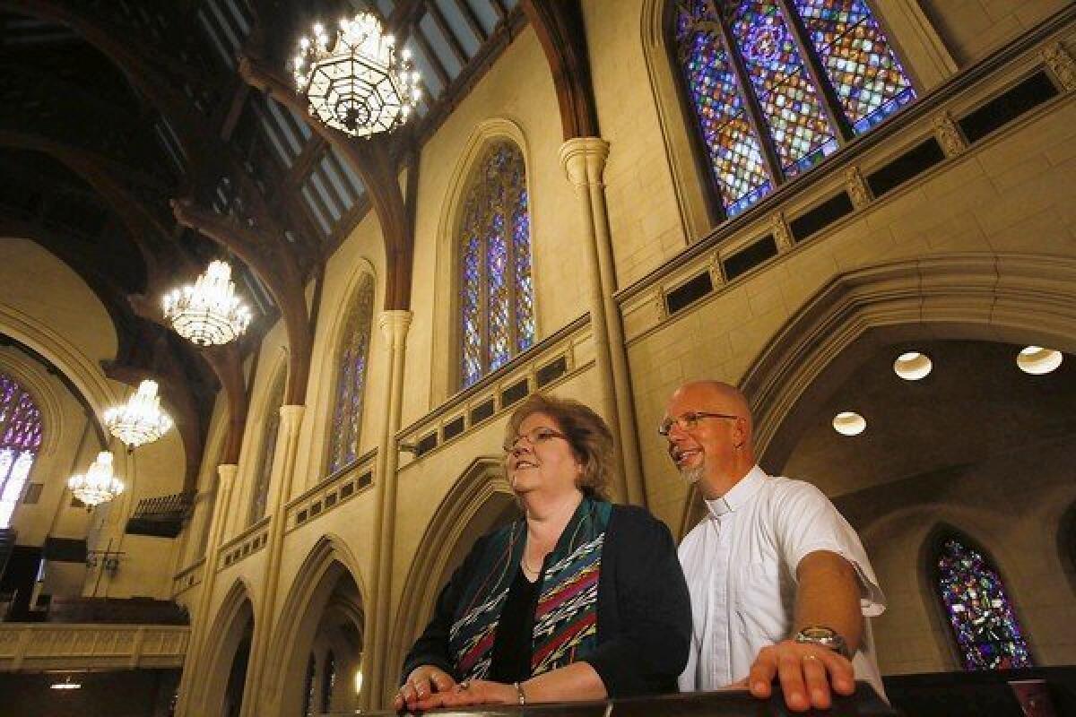 The Rev. Kathy Cooper-Ledesma and the Rev. Dave Stambaugh in the Hollywood United Methodist Church. The pastors encourage filming at the church because many of their members work in the entertainment industry.