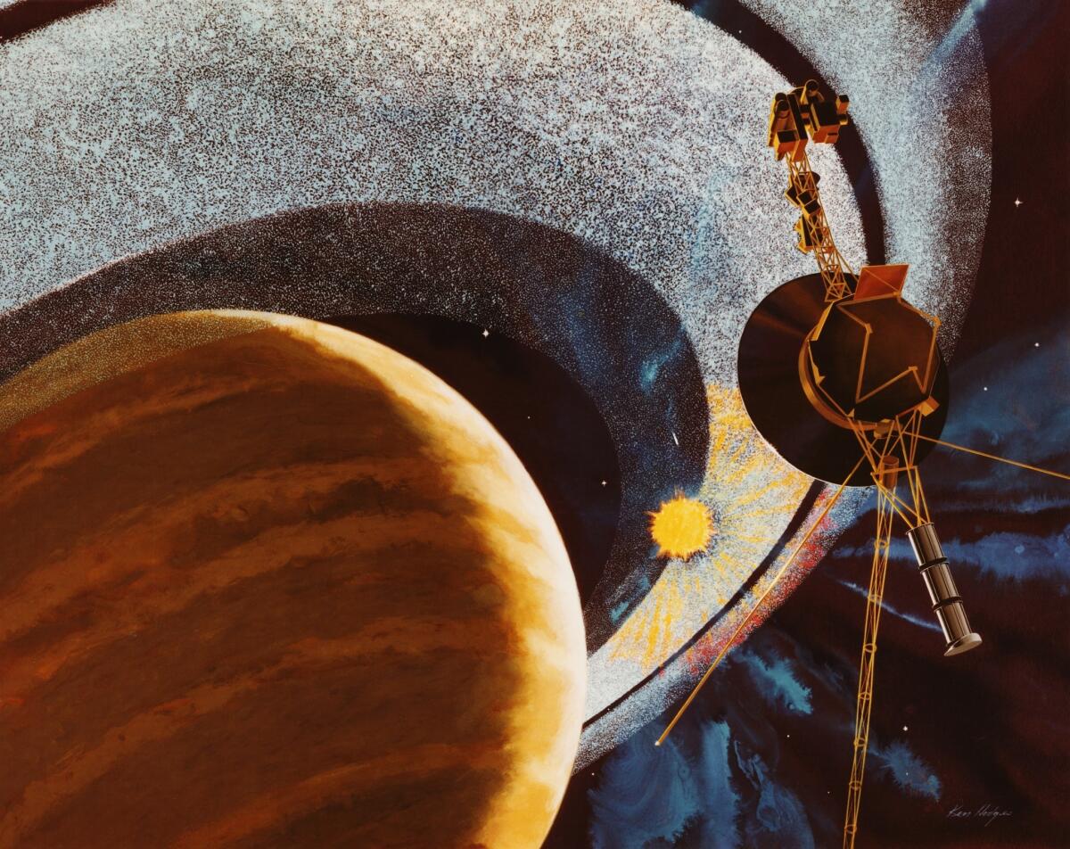 An artist's impression of NASA's Voyager 1 space probe passing behind the rings of Saturn, using cameras and radio equipment to measure how sunlight is affected as it shines between the ring particles. The image was produced in 1977, before the craft was launched, and depicts events due to take place in 1980.