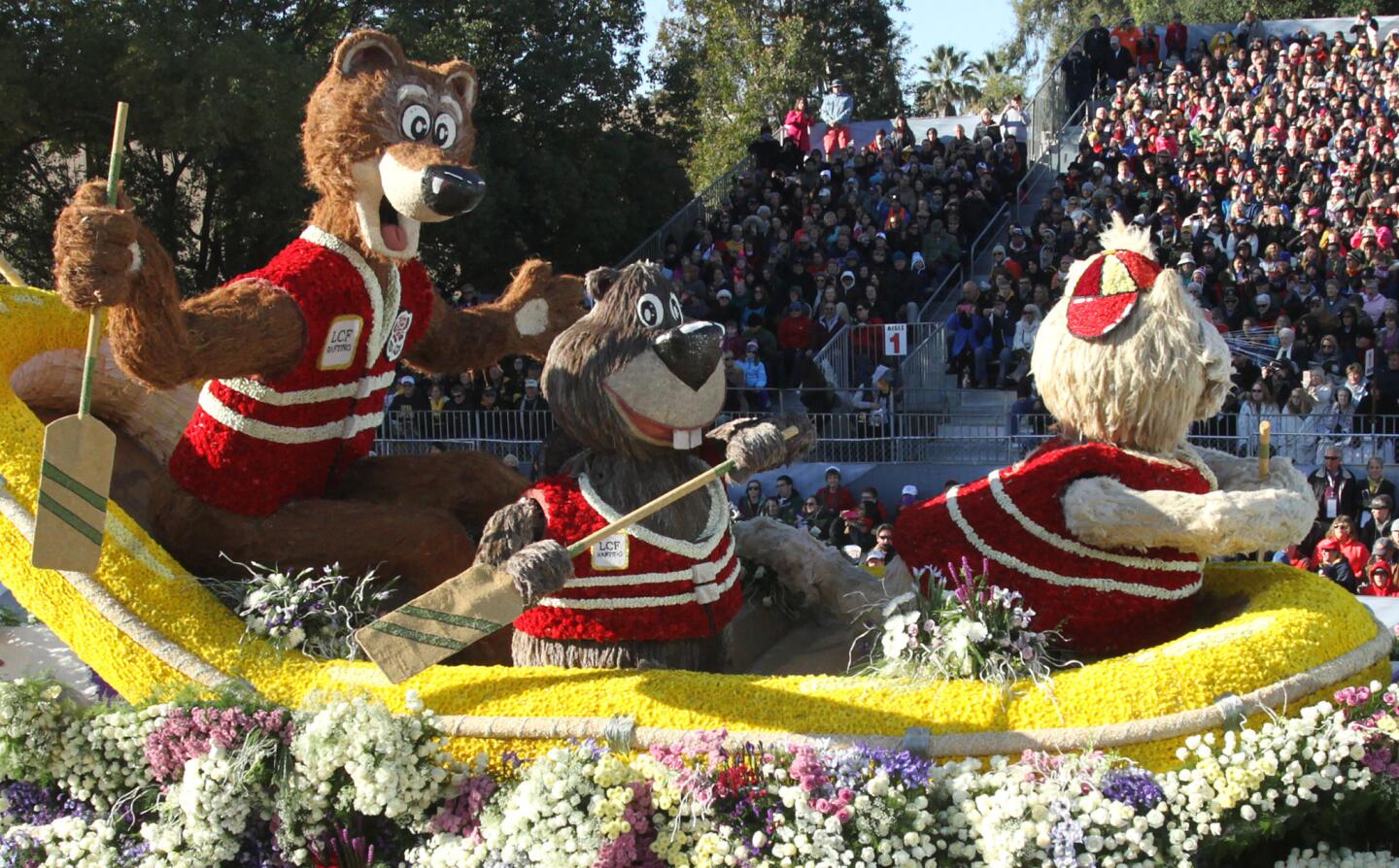 The La Cañada Flintridge Tournament of Roses Assn. float "Up a Creek" makes its way down Orange Grove Avenue during the 2016 Rose Parade in Pasadena on Friday, Jan. 1, 2016. The entry won the Bob Hope Humor Award.