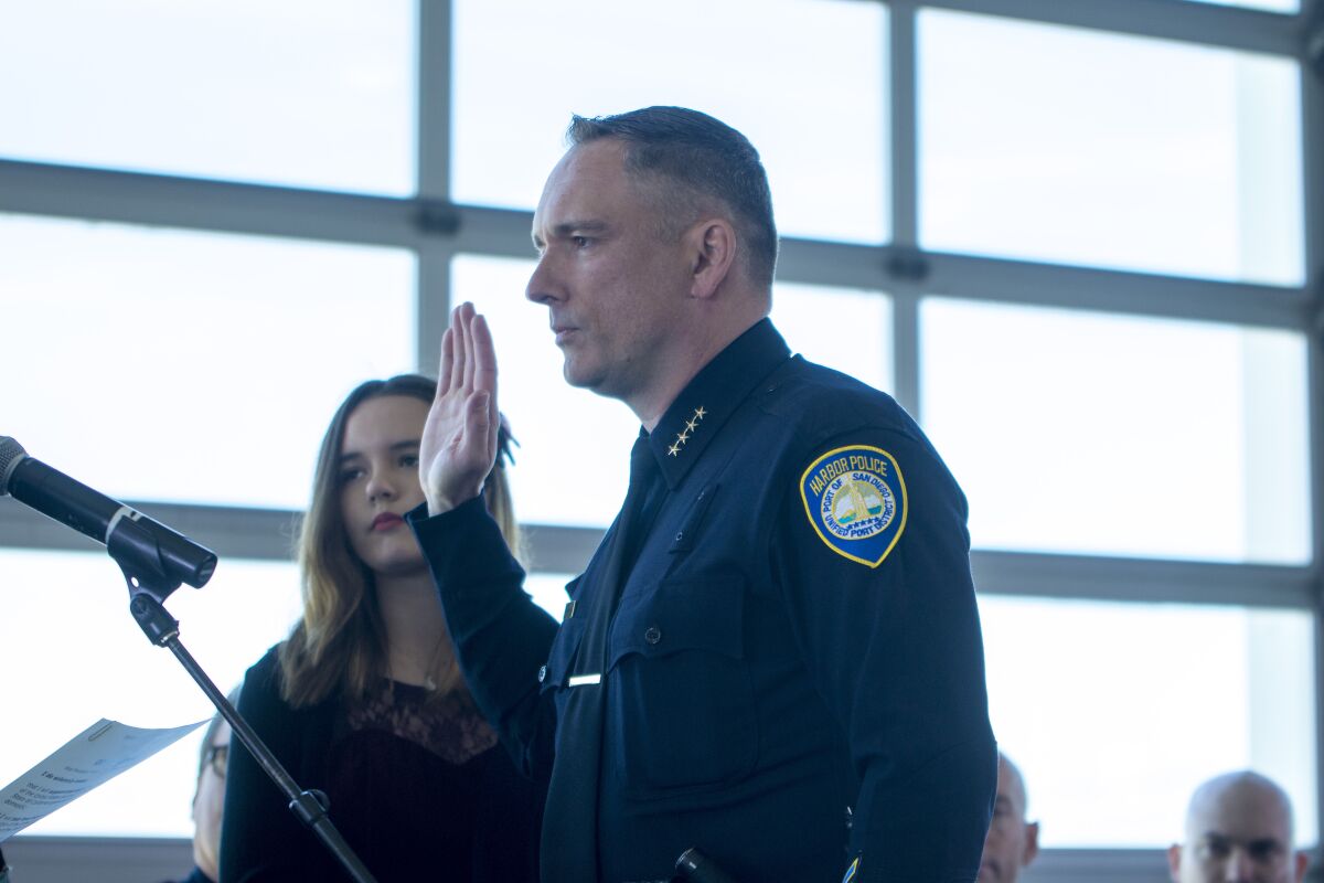 Harbor police Chief Mark Stainbrook is sworn in during a ceremony in 2018.
