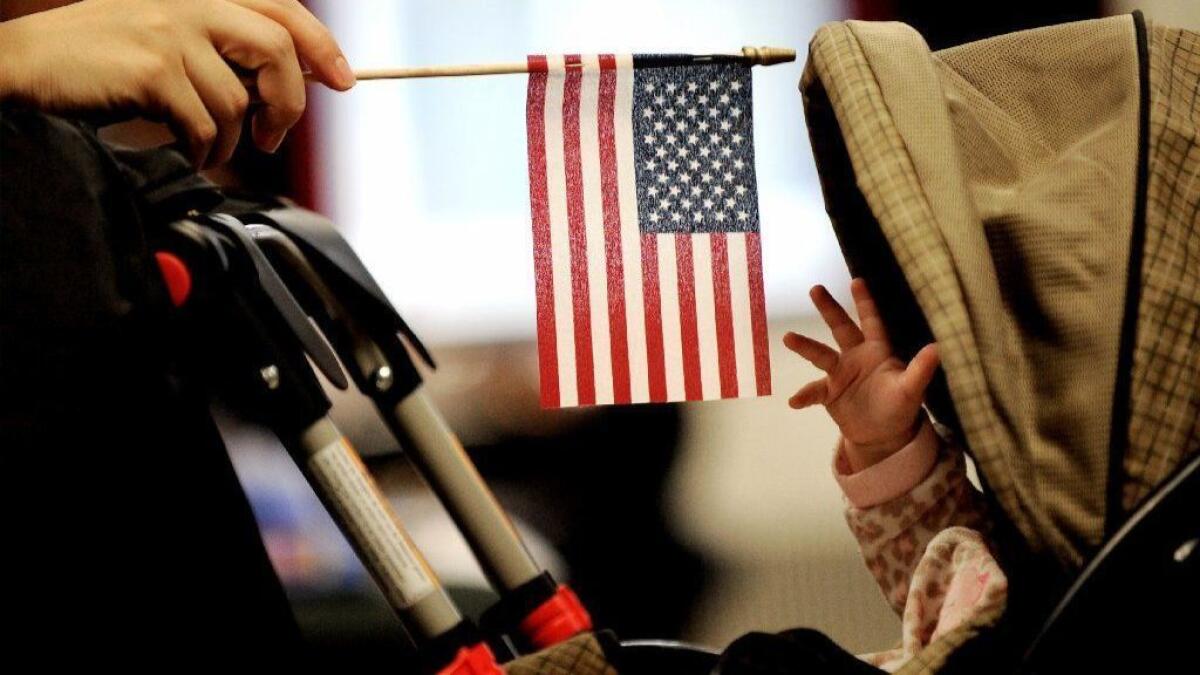 A baby reaches for an American flag held by her mother during a naturalization ceremony in New York in 2011.