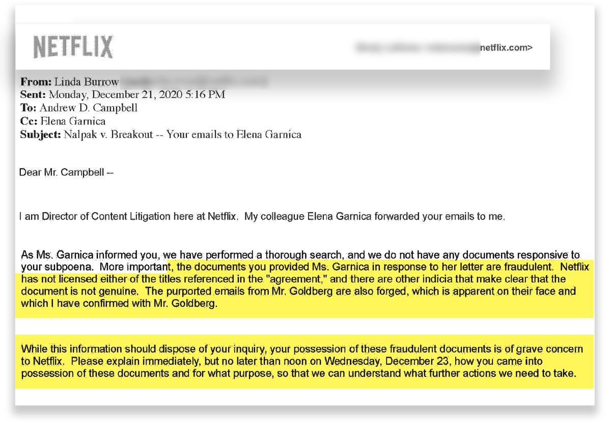 Email from Linda Burrow to Andrew Campbell that reads: "the documents you provided to Ms. Garnica … are fraudulent."