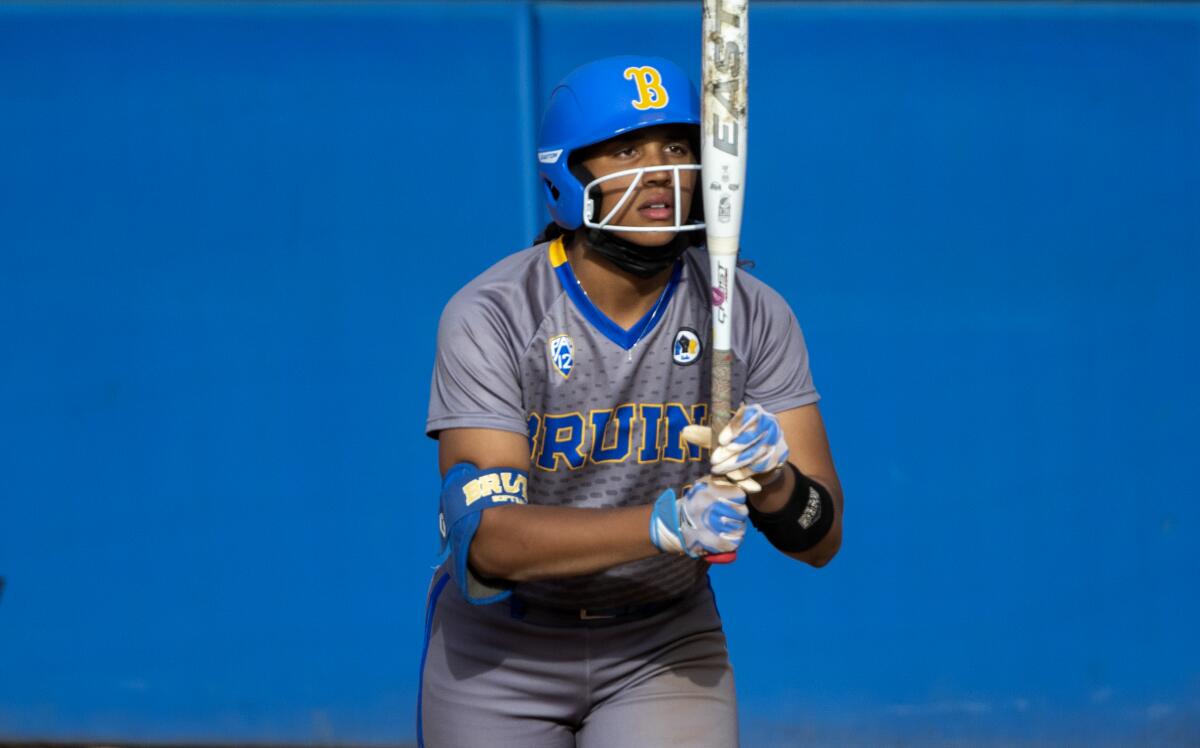 UCLA outfielder Maya Brady bats during a game against Oregon State in April 2021.