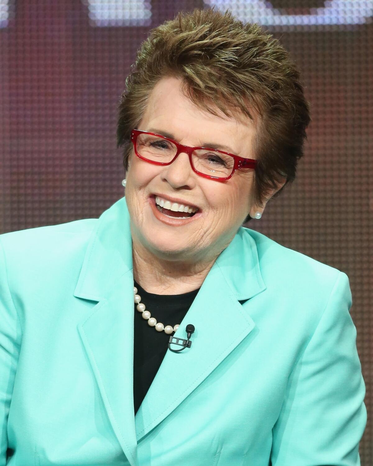 Former tennis pro Billie Jean King at the PBS "American Masters" panel of the 2013 Summer Television Critics Assn. tour Tuesday at the Beverly Hilton Hotel.