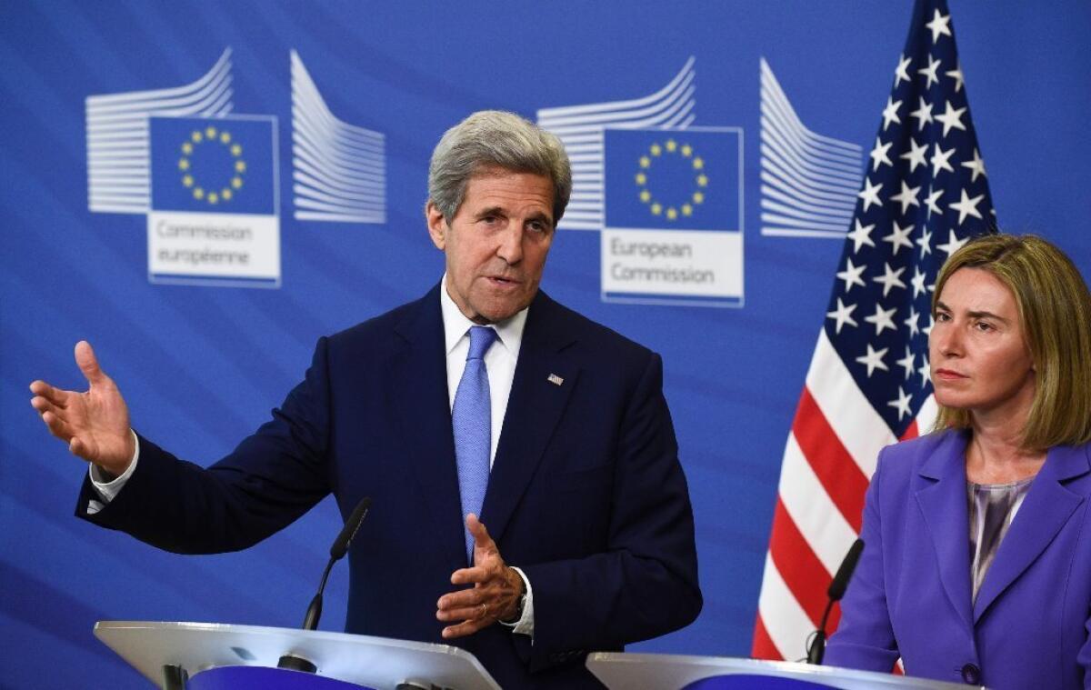 Secretary of State John Kerry and Federica Mogherini, the High Representative of the European Union for Foreign Affairs and Security Policy, speak to reporters Monday in Brussels.