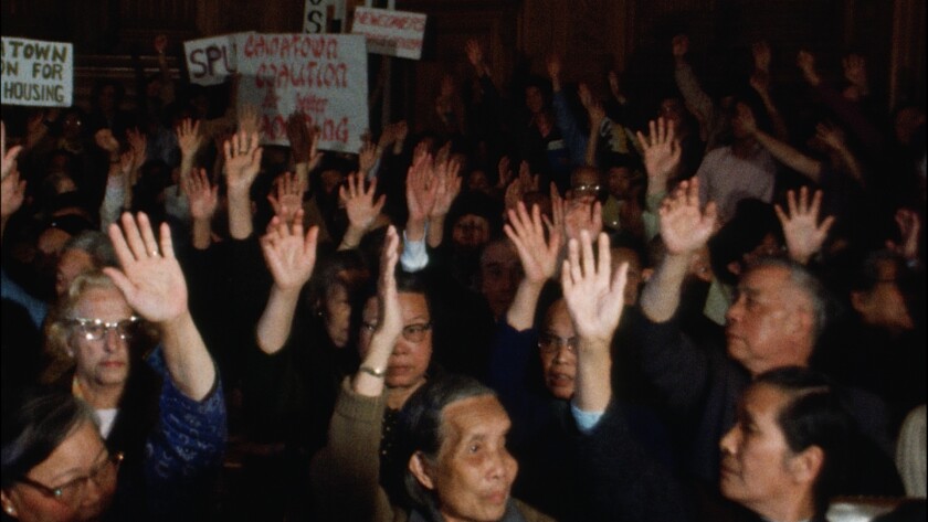 A still from Harry Chuck's decades-old footage of San Francisco Chinatown protesters advocating for affordable housing.