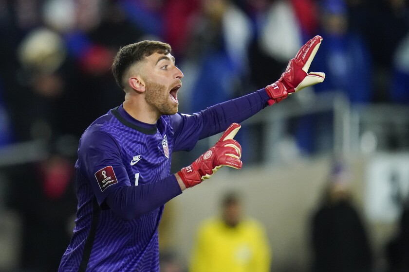 United States goalkeeper Matt Turner talks to teammates during the second half of a FIFA World Cup qualifying soccer match against El Salvador, Thursday, Jan. 27, 2022, in Columbus, Ohio. The U.S. won 1-0. (AP Photo/Julio Cortez)