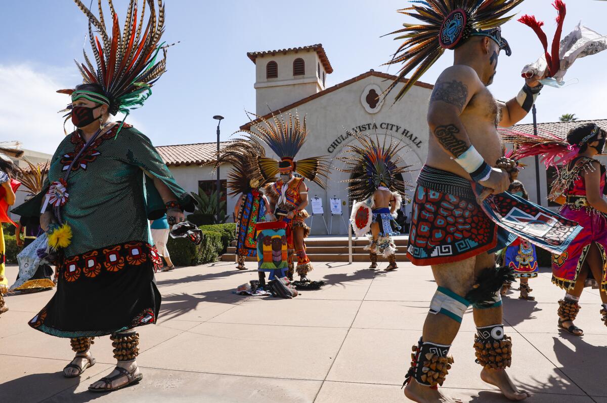 Native Americans perform in front of Chula Vista City Hall last year as part of demonstration.