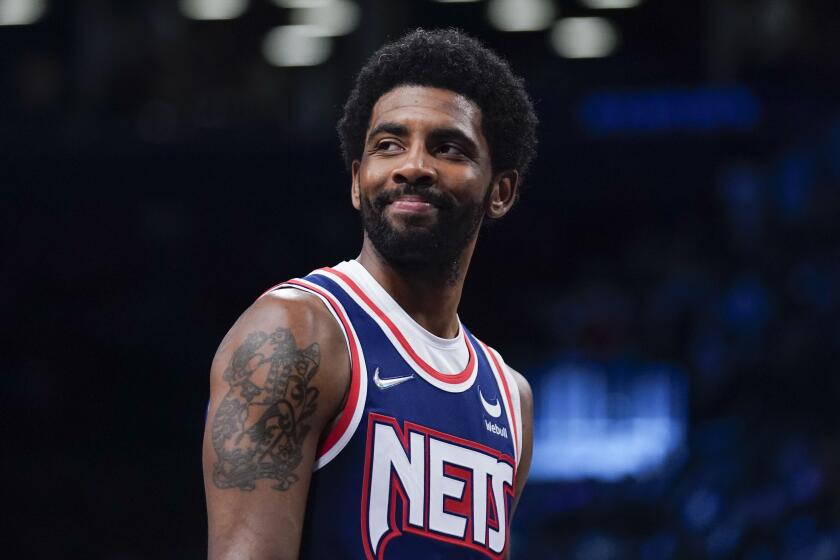 Brooklyn Nets' Kyrie Irving during the first half of an NBA basketball game.