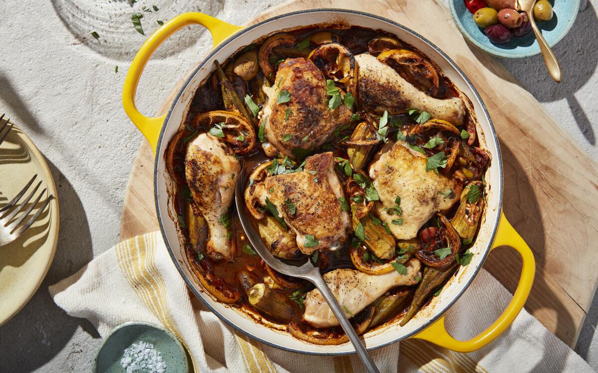 The classic combo of chicken and okra gets a bright lift from caramelized lemons and salty olives.