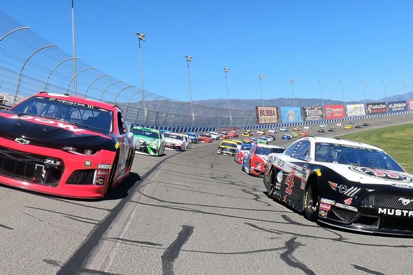 FONTANA, CA - MARCH 17: Austin Dillon, driver of the #3 Dow Coatings Chevrolet, and Kevin Harvick, driver of the #4 Jimmy John's Ford, lead the field at the start of the Monster Energy NASCAR Cup Series Auto Club 400 at Auto Club Speedway on March 17, 2019 in Fontana, California. (Photo by Chris Graythen/Getty Images) ** OUTS - ELSENT, FPG, CM - OUTS * NM, PH, VA if sourced by CT, LA or MoD **