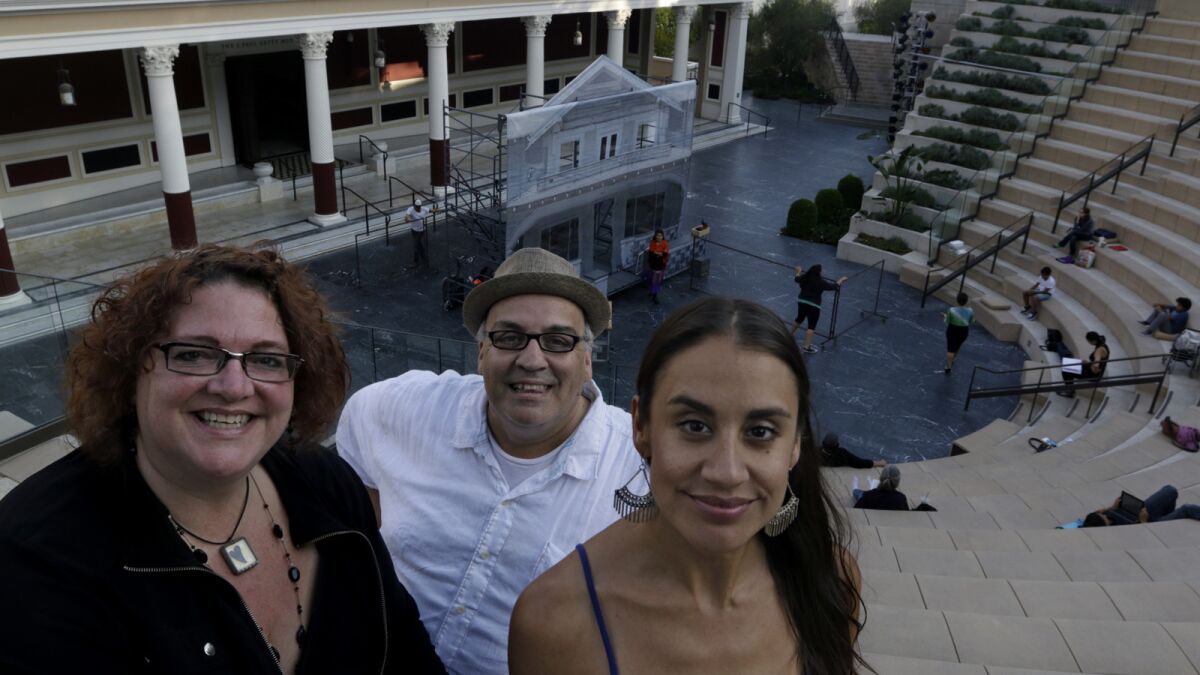 Luis Alfaro at the Getty Villa with Jessica Kubzansky, left, who is directing his "Mojada: A Medea in Los Angeles," and Sabrina Zuniga Varela, who is starring in it.