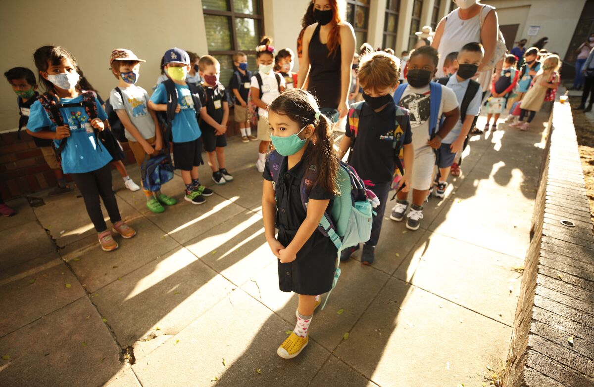 Kindergarten students line up at their door on the first day of school at Jackson STEM Dual Language Magnet Academy.