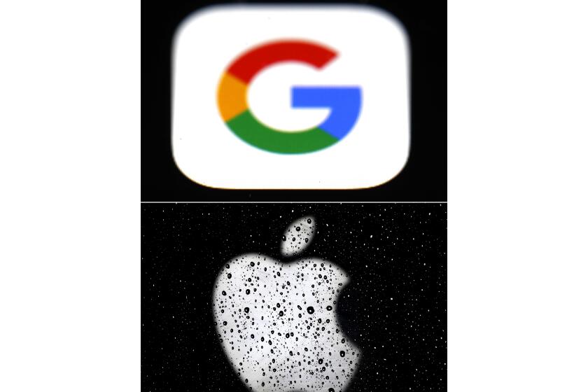 This combo of photos shows the logo for Google, top and Apple, bottom. Apple and Google on Wednesday, May 20, 2020, released long-awaited smartphone technology to automatically notify people if they might have been exposed to the coronavirus. (AP Photo/File)