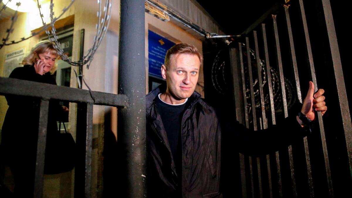 Russian opposition leader Alexei Navalny is seen leaving a police station in Moscow on Sept. 29, 2017.