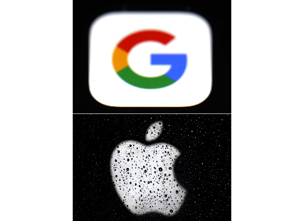 This combo of photos shows the logo for Google, top and Apple, bottom. Apple and Google on Wednesday, May 20, 2020, released long-awaited smartphone technology to automatically notify people if they might have been exposed to the coronavirus. (AP Photo/File)